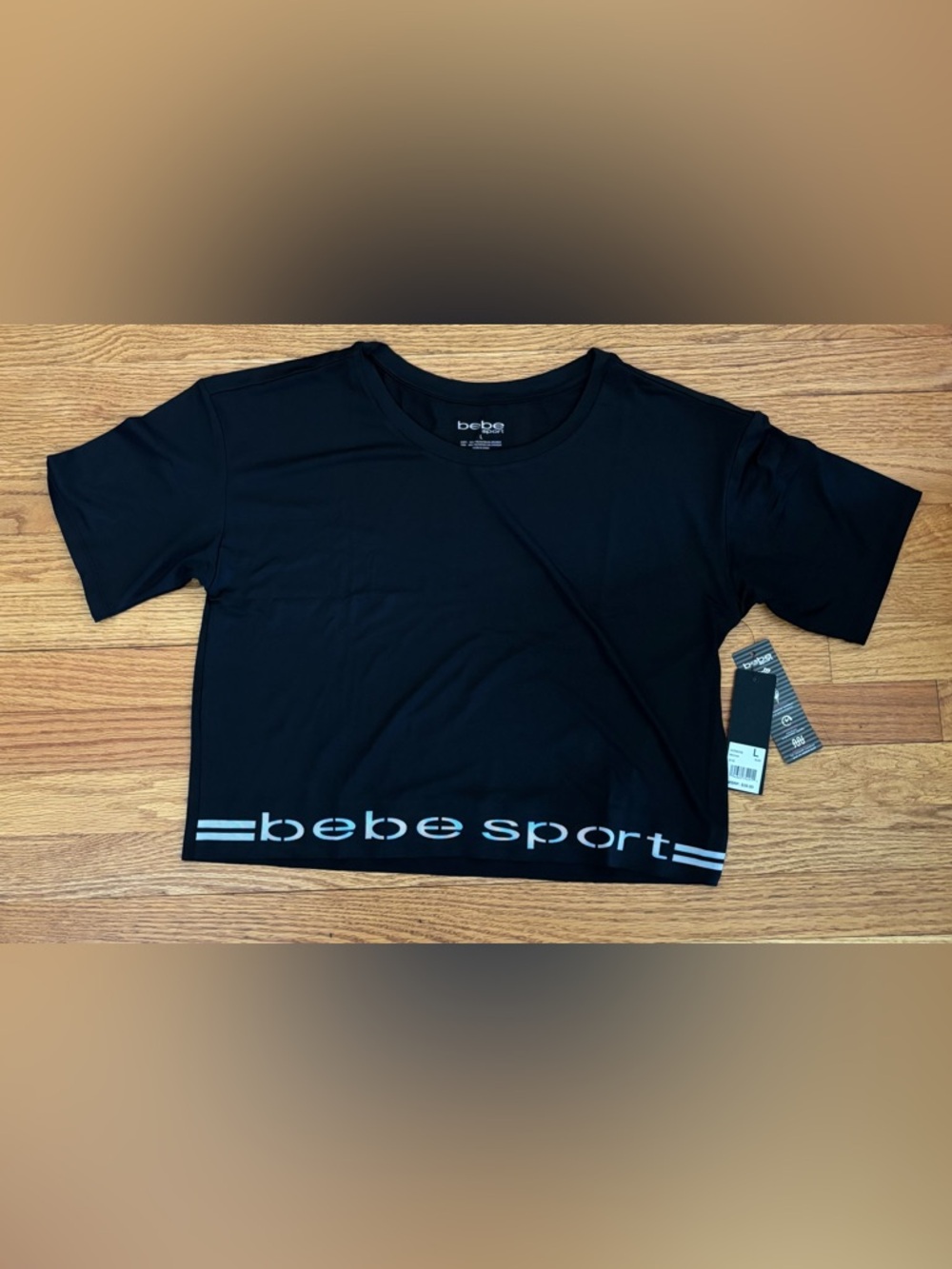 bebe sport Athletic Tee Women’s Large Black /White Cropped Shirt Logo Casual New - Picture 1 of 6